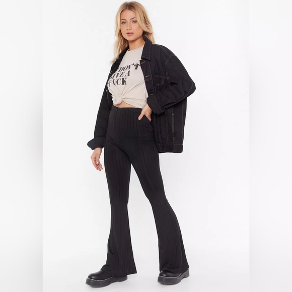 Nasty Gal Ribbed High Waist Flared Pants - Picture 1 of 5